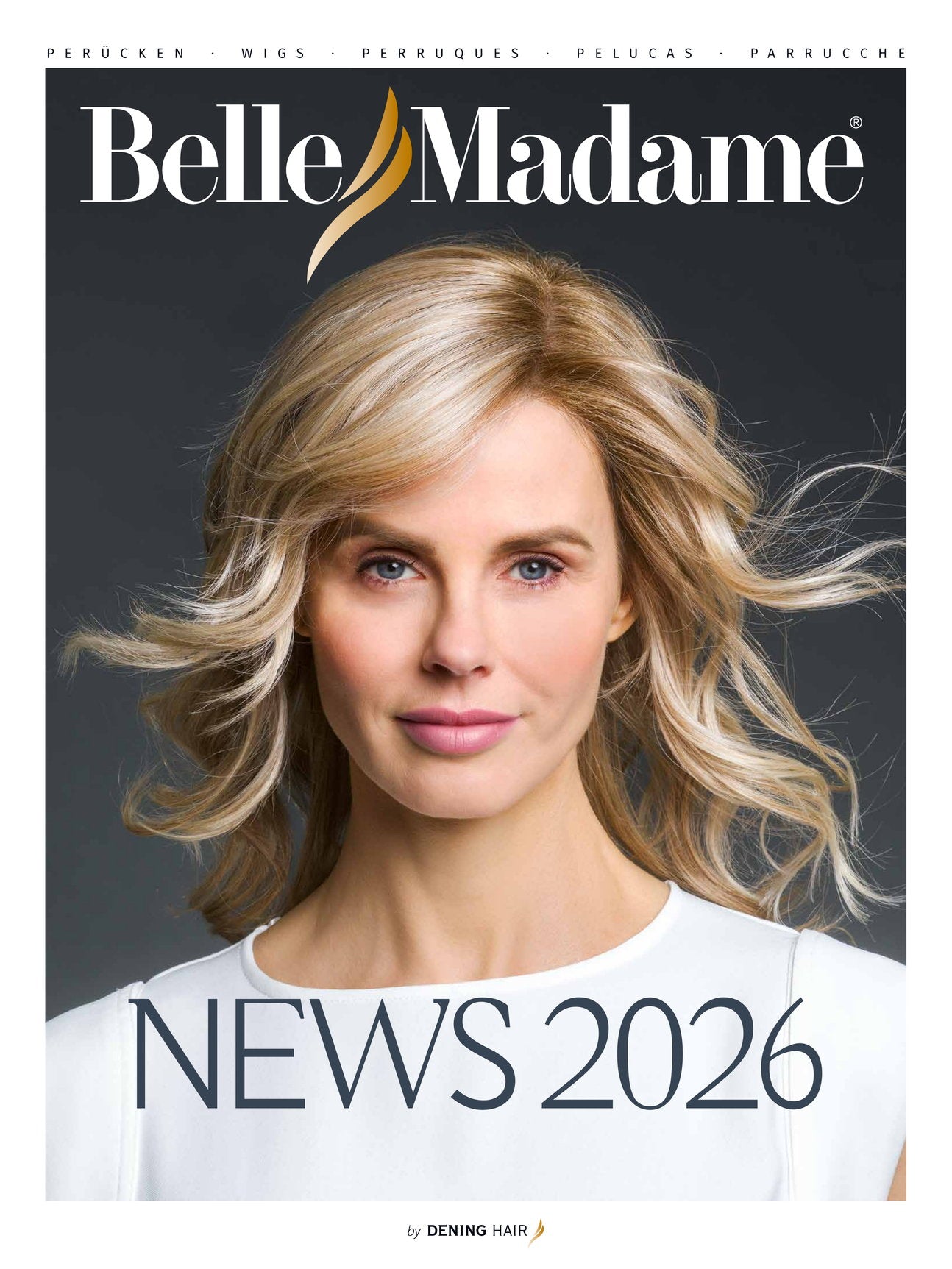 Omsalgsbild med kvinna iförd peruk, för katalog med peruknyheter 2026.